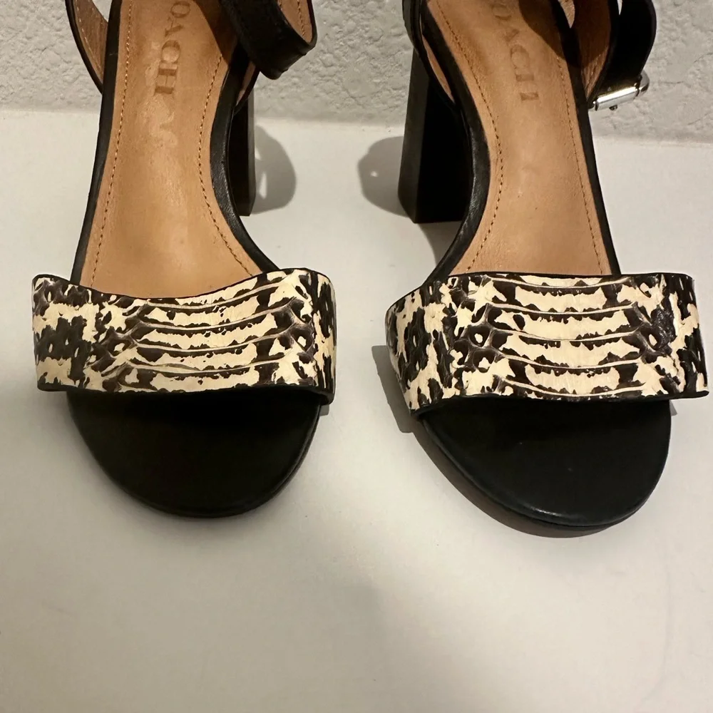 Coach Paige Leather and Black and White Snake Block Heel Sandals Size 5